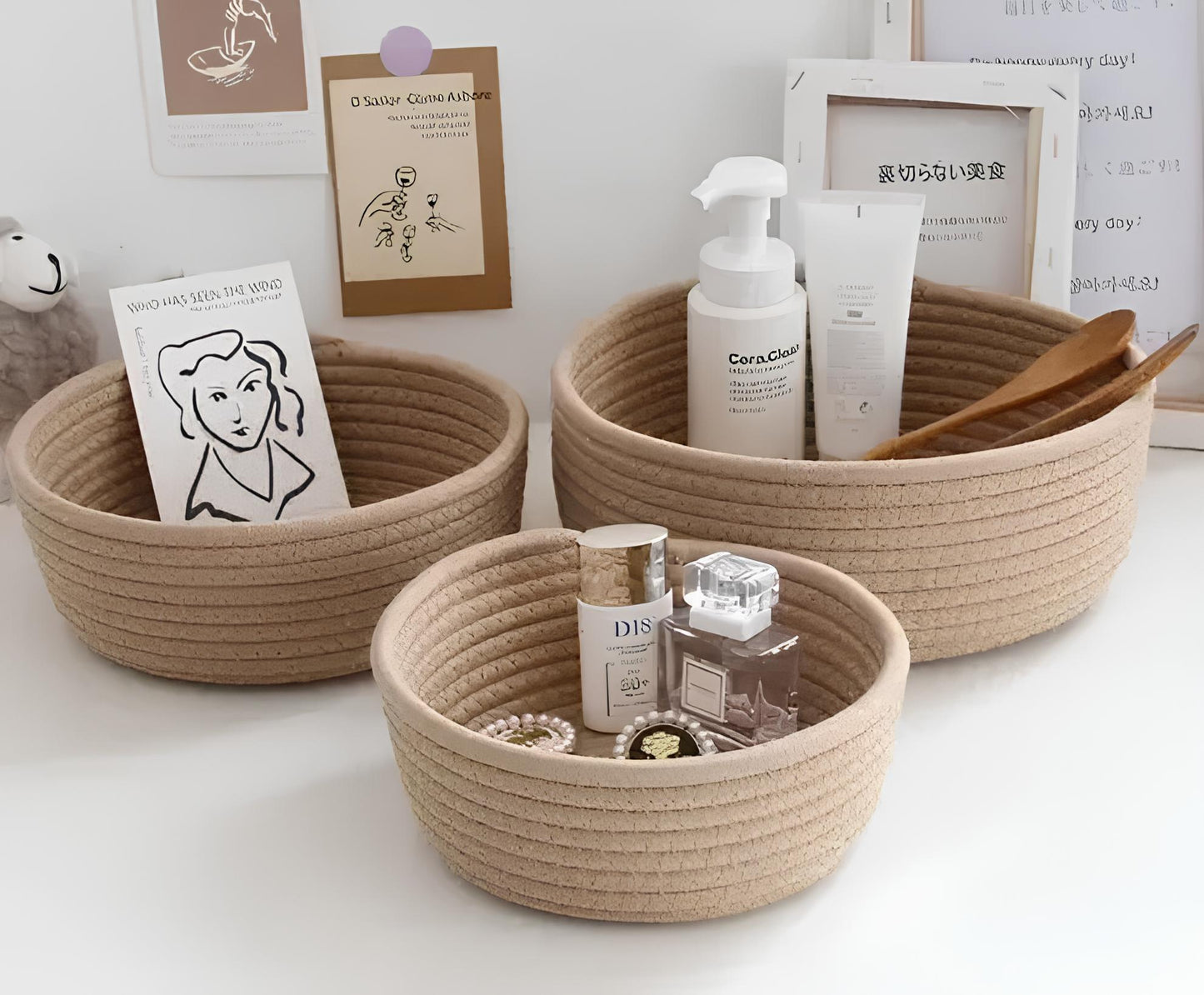 Mini Rope Storage Natural Handwoven Jute Shelf Basket (Pack of 3,Beige)