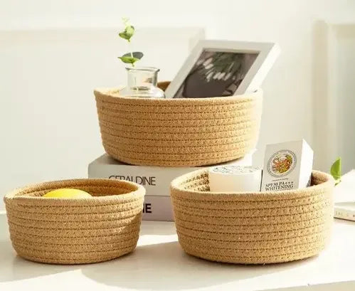 Mini Rope Storage Natural Handwoven Jute Shelf Basket (Pack of 3,Beige)