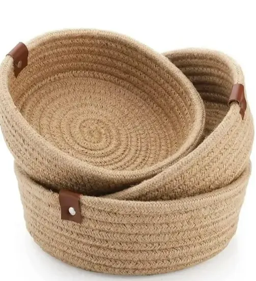 Mini Rope Storage Natural Handwoven Jute Shelf Basket (Pack of 3,Beige)